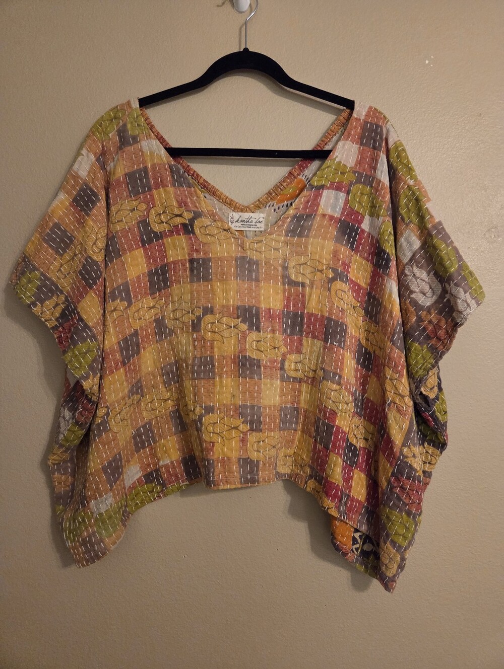 KANTHA BAE Multi Cotton Gauze Patchwork Hand Stitch Reversible Boho Crop Top OS